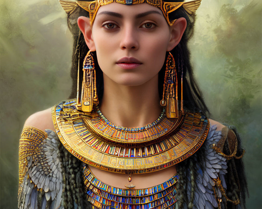 Detailed portrait of woman styled as Ancient Egyptian with elaborate headdress, jewelry, and traditional motifs.