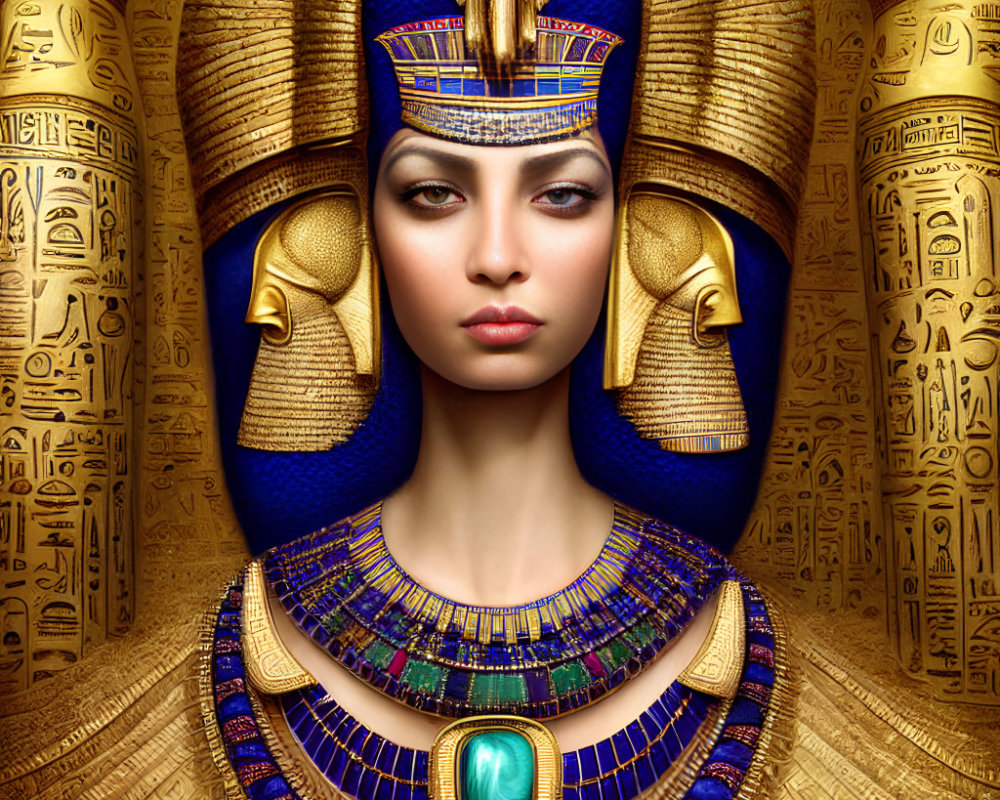 Woman's face merged with Egyptian pharaoh headdress against hieroglyph walls