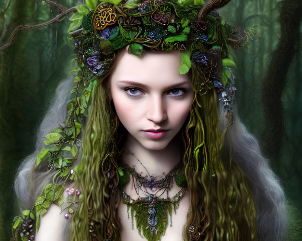 Mystical forest nymph with blue eyes in nature headpiece against woodland backdrop