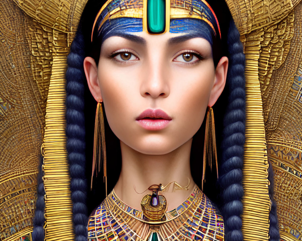 Digital art portrait of a woman styled as ancient Egyptian royalty with golden headdress & symbolic makeup.