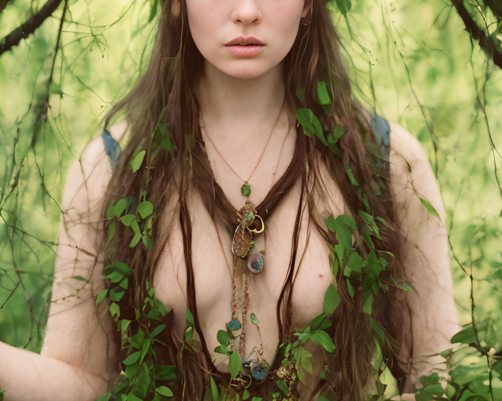 Woman with Floral Crown and Green Vines in Lush Background