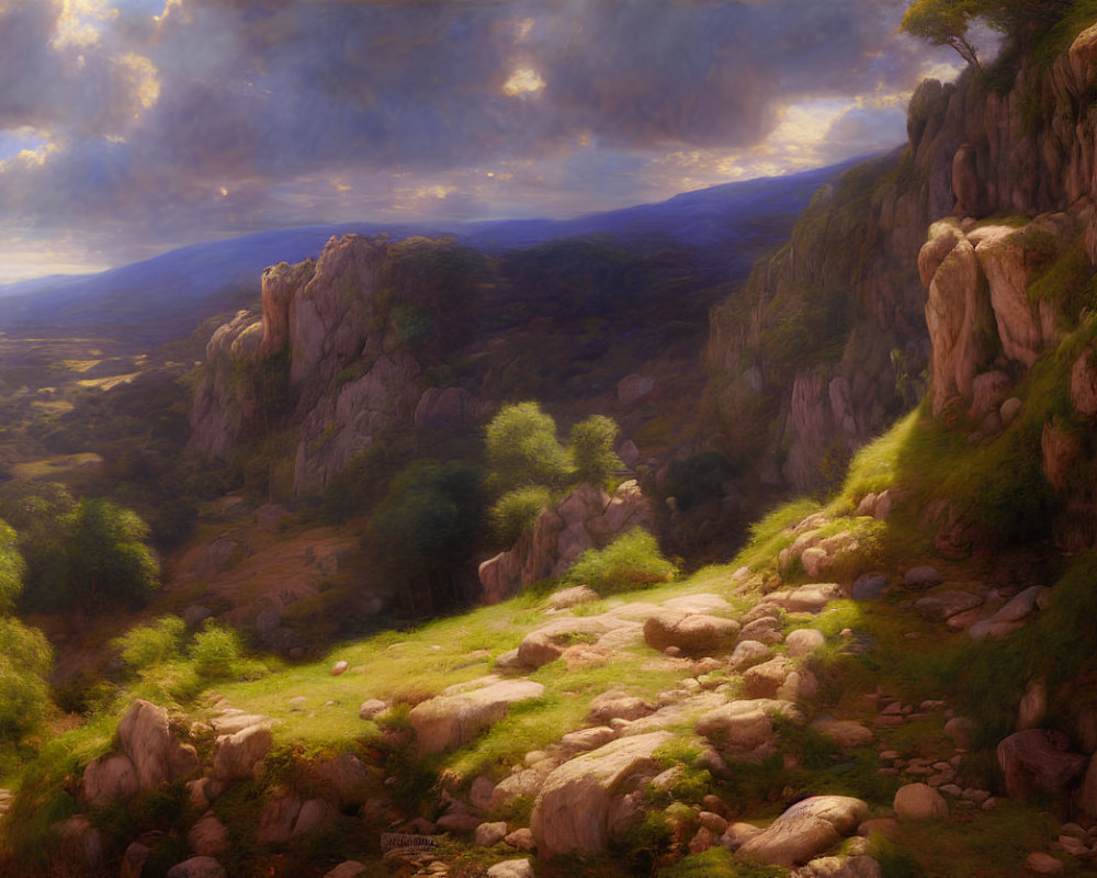 Tranquil landscape: lush valley, rocky cliffs, dynamic sky