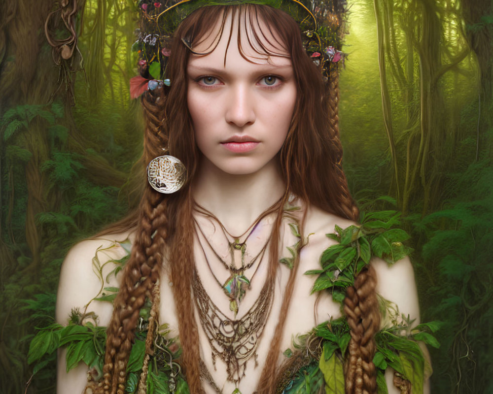 Woman adorned with floral crown in mystical forest with nature-inspired jewelry