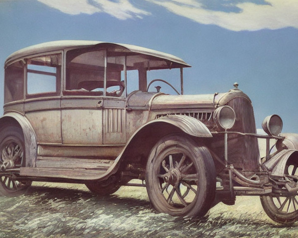 Weathered Vintage Car on Plain Under Blue Sky