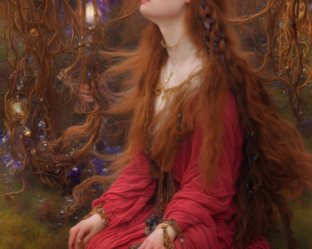 Pre-Raphaelite style painting of a woman in crimson dress in mystical forest