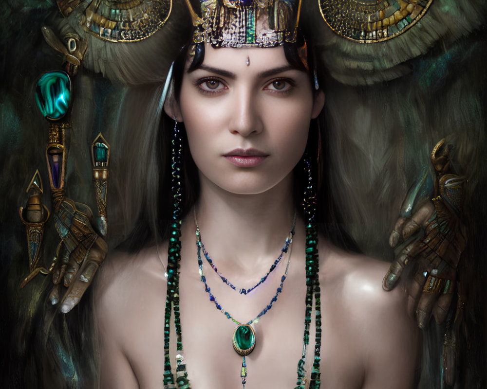 Woman with Egyptian-Inspired Ram Horn Headdress and Eye Symbol in Gold and Turquoise