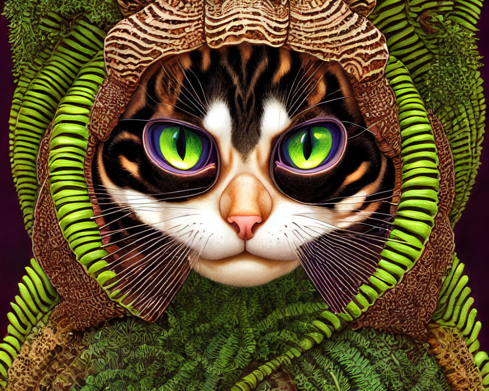 Colorful digital artwork: Cat with green eyes in foliage-themed patterns