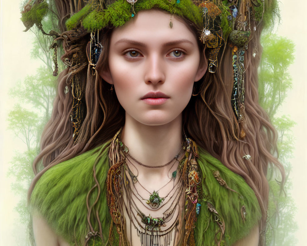 Woman in Forest-Inspired Attire with Leafy Crown Portrait