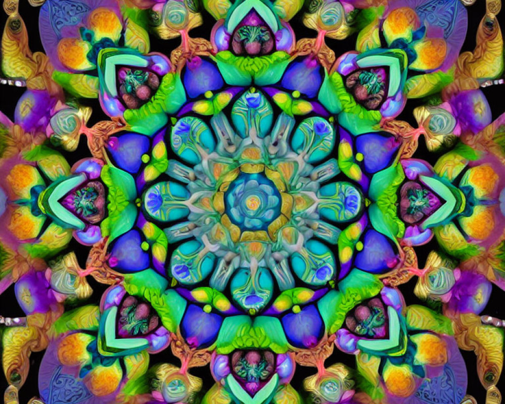 Colorful Kaleidoscope Pattern with Symmetrical Shapes in Purple, Green, and Blue