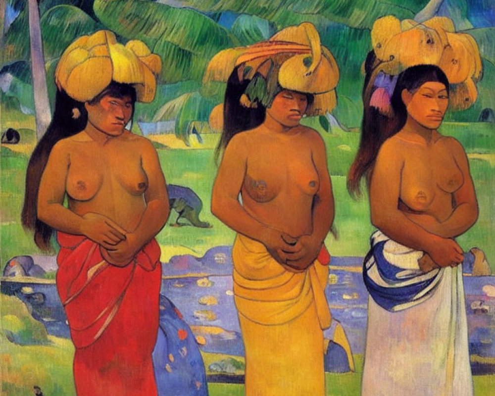 Three Women with Yellow Fruit on Heads Against Green Tropical Background