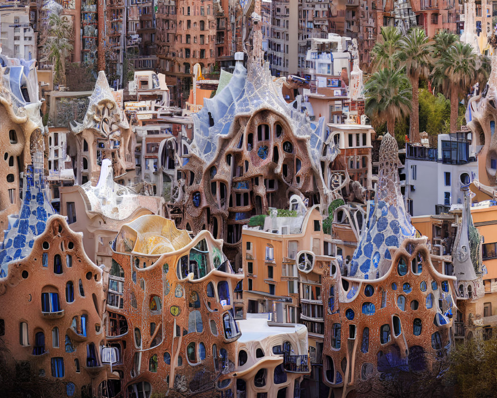 Panoramic view of intricate mosaics and unique designs at Park Güell