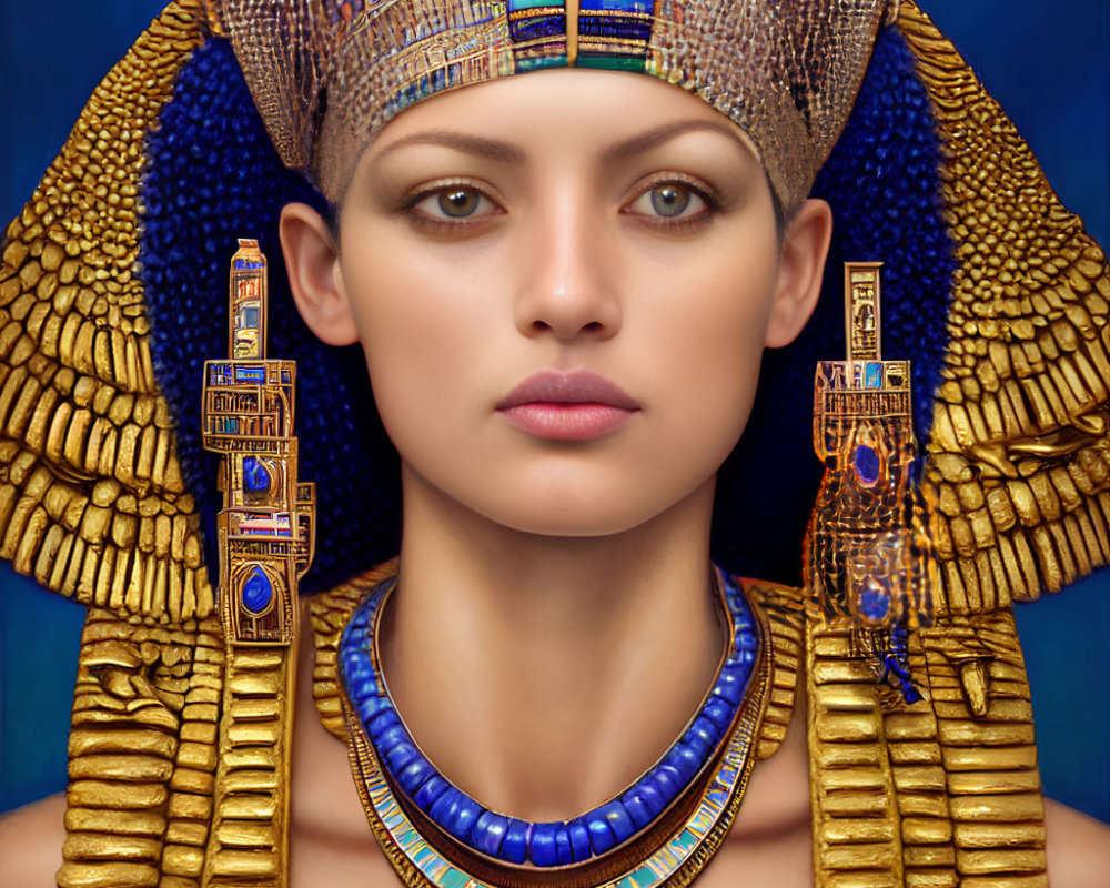 Ancient Egyptian headdress and golden collar on blue background