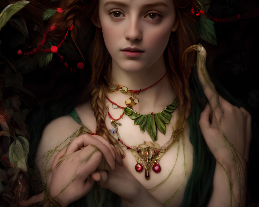 Auburn-haired female figure in green drapery with berry-themed jewelry on dark backdrop