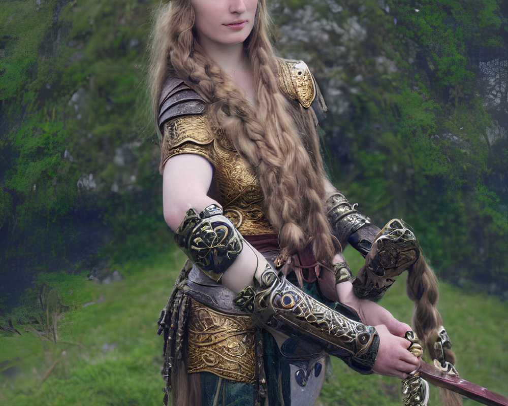 Medieval warrior woman in golden armor with sword on green background