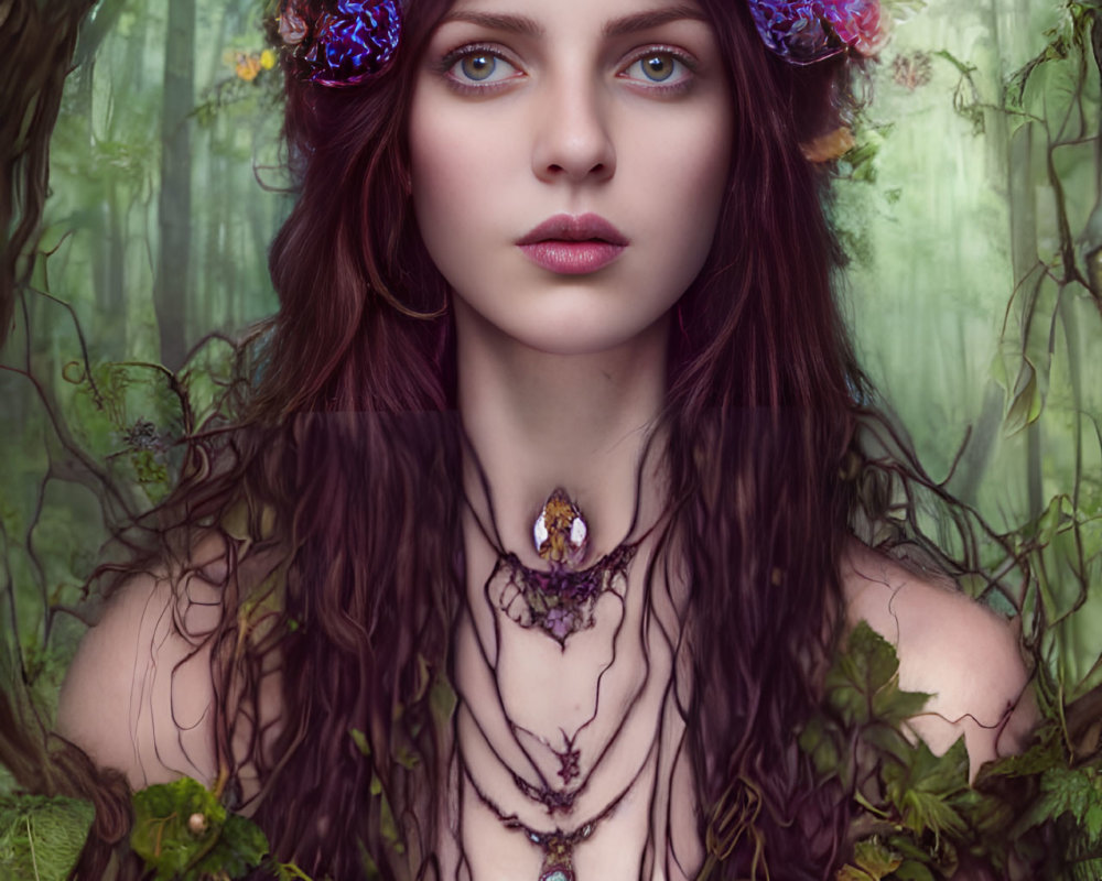 Mystical Woman with Floral Crown in Foggy Forest