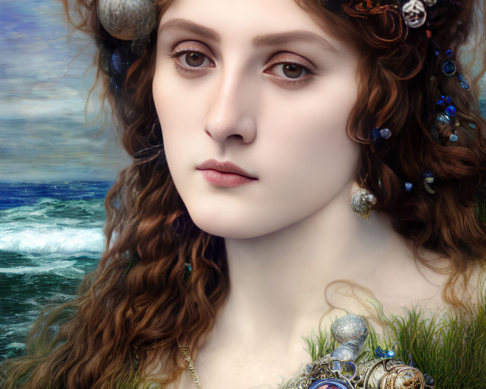 Woman with ornate crown in ocean-themed setting