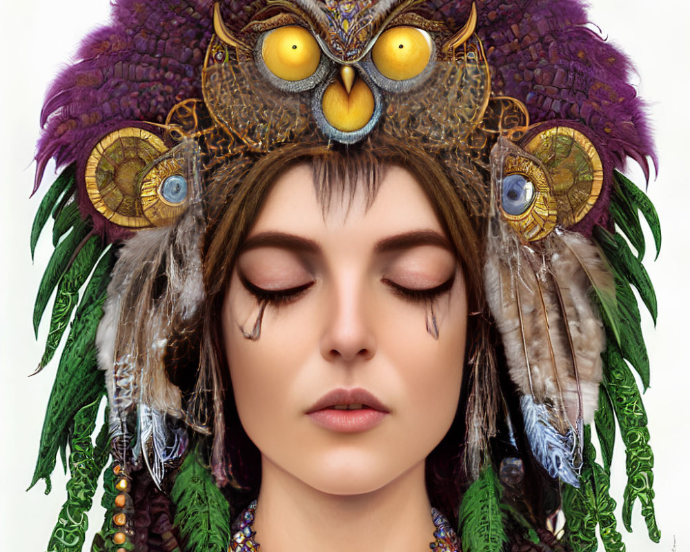 Woman with closed eyes in owl-inspired headdress with feathers, beads, and clockwork.