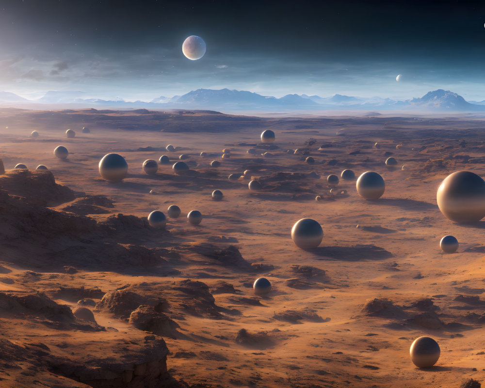 Surreal landscape with reflective spheres in desert with multiple moons.