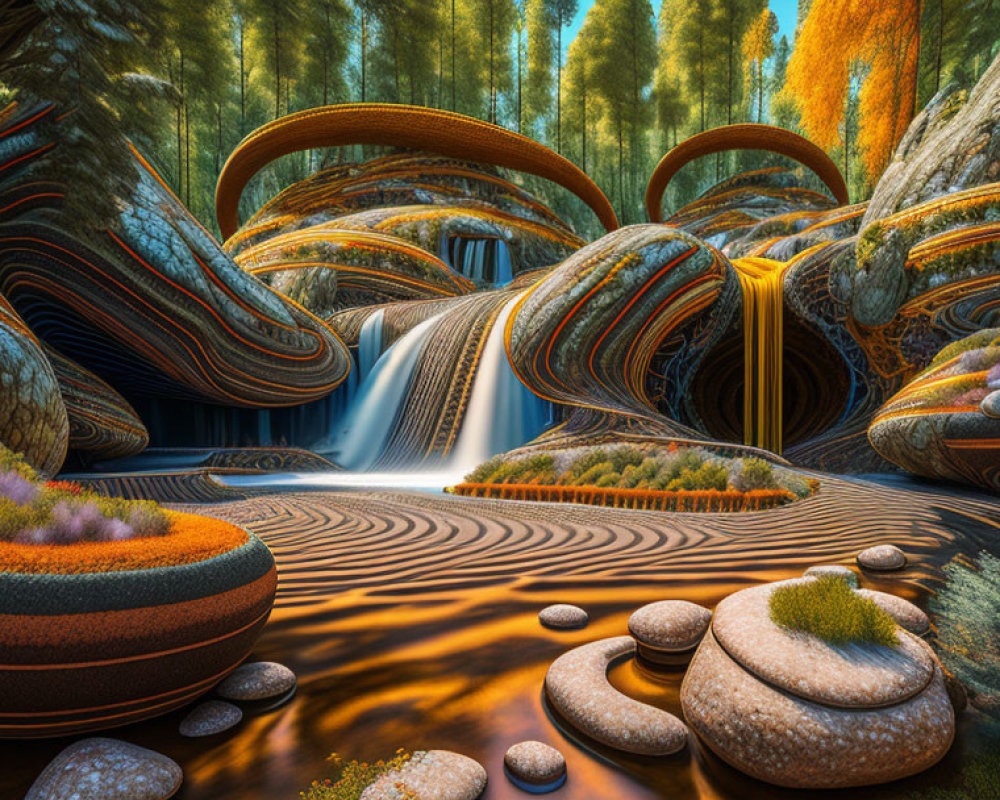 Fantastical landscape with ribbon-like formations, waterfall, autumnal trees, and vibrant mossy vegetation