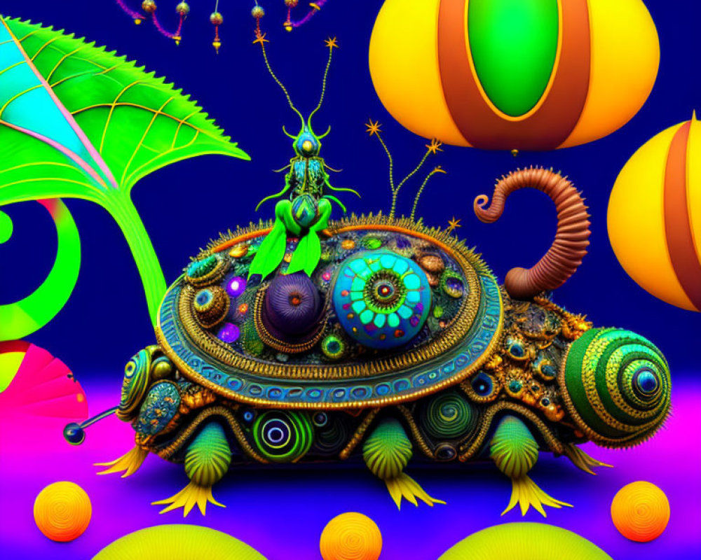 Colorful surreal artwork: mechanical insect against abstract background