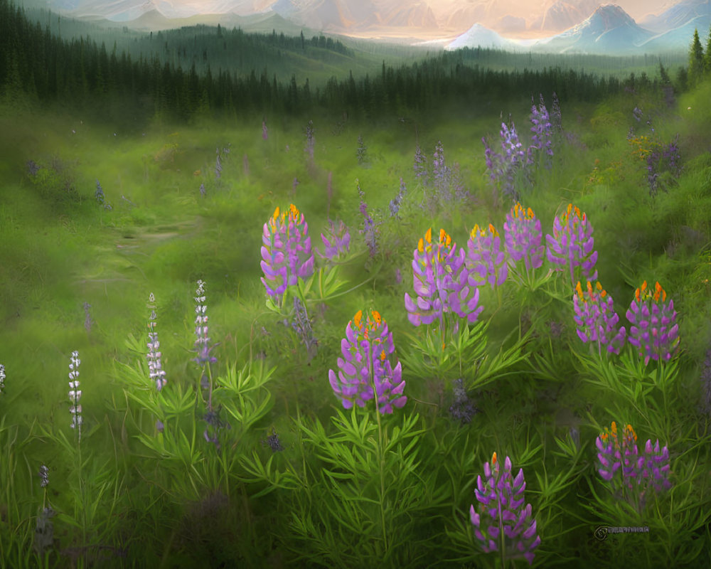 Vibrant lupines in lush meadow with winding trail to distant mountains