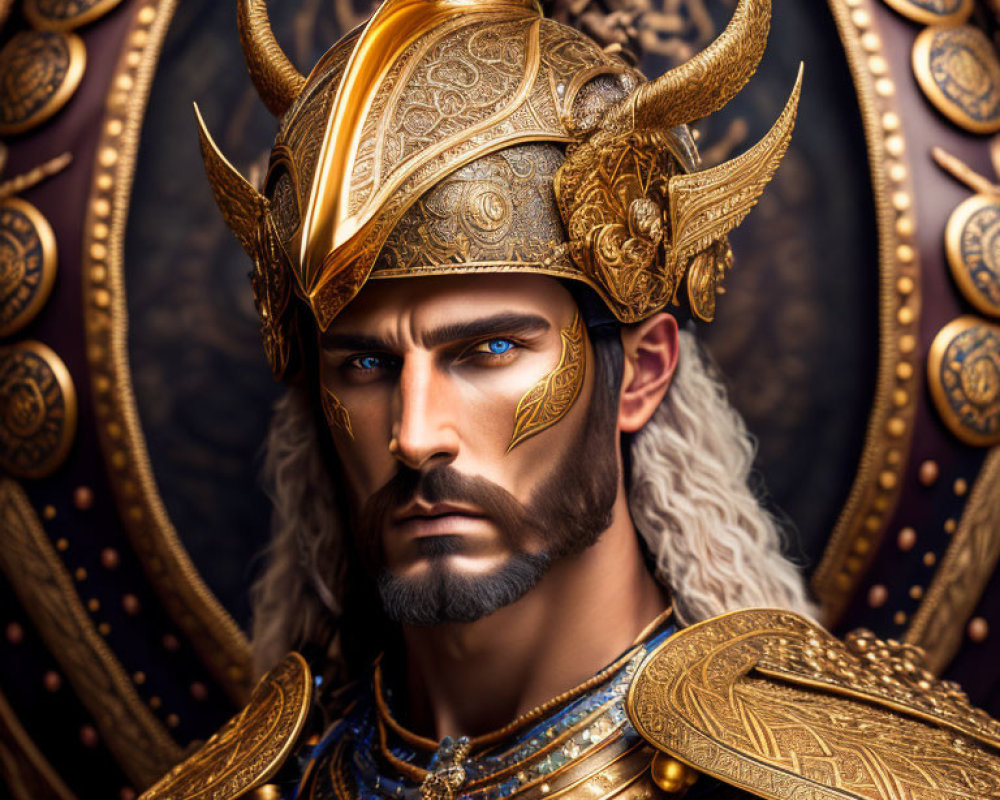 Bearded man in ornate golden helmet and armor with blue eyes