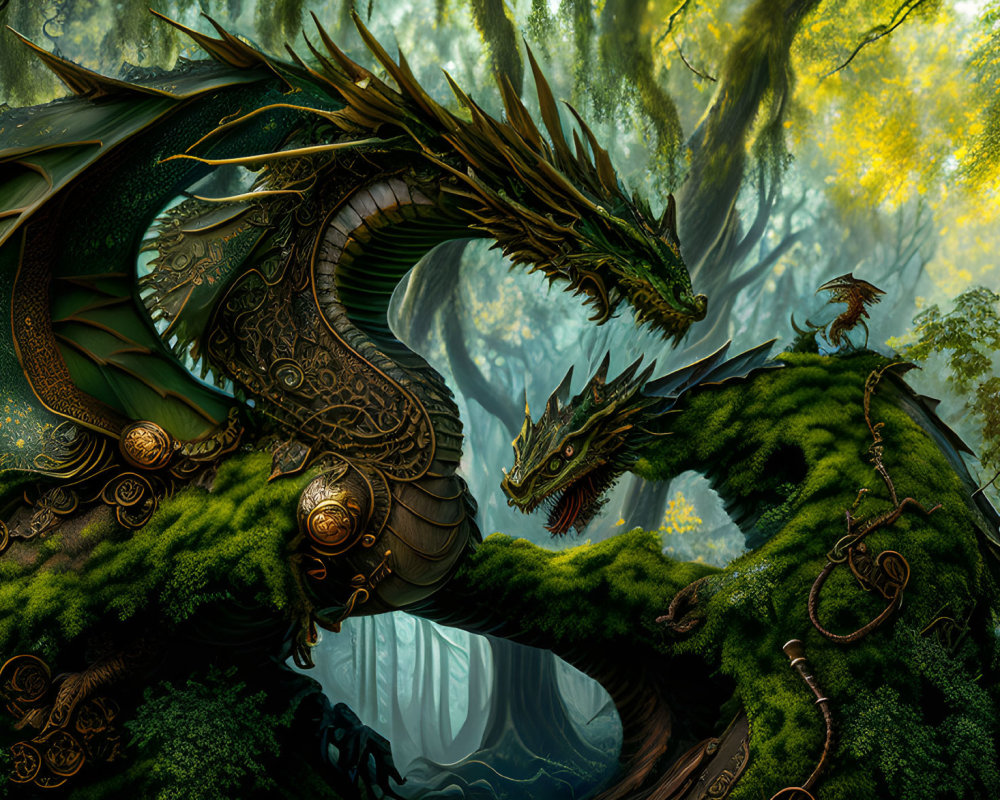 Green dragon with golden adornments in mystical forest