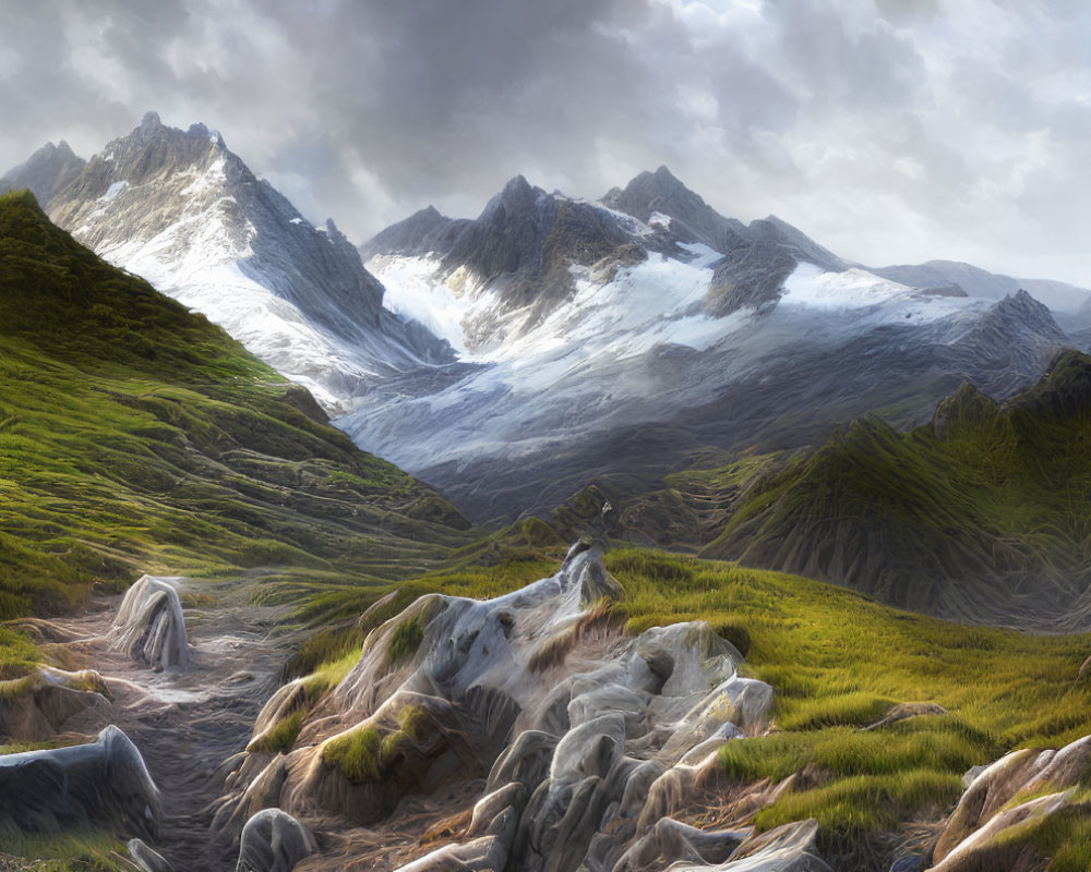 Snowy Peaks and Rocky Path in Serene Mountain Landscape