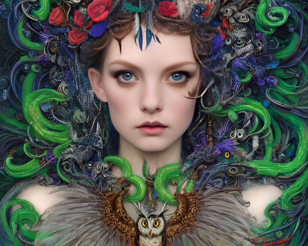 Colorful portrait of a person adorned with feathers, flowers, and owl pendant against vibrant peacock motifs