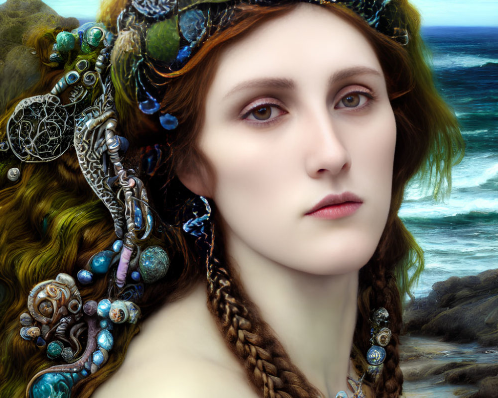 Portrait of woman with braided hair and ornate headpiece by the sea