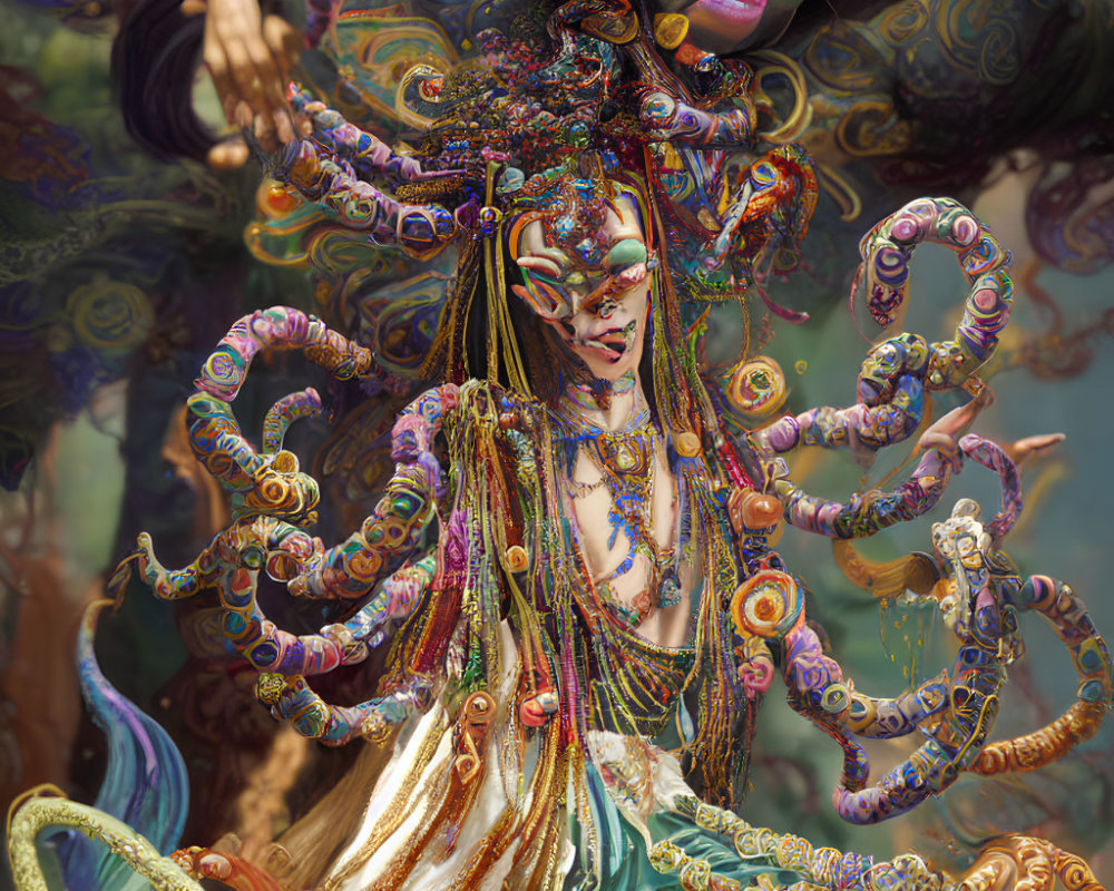 Colorful multi-armed figure with intricate jewelry and tentacle-like extensions on abstract background