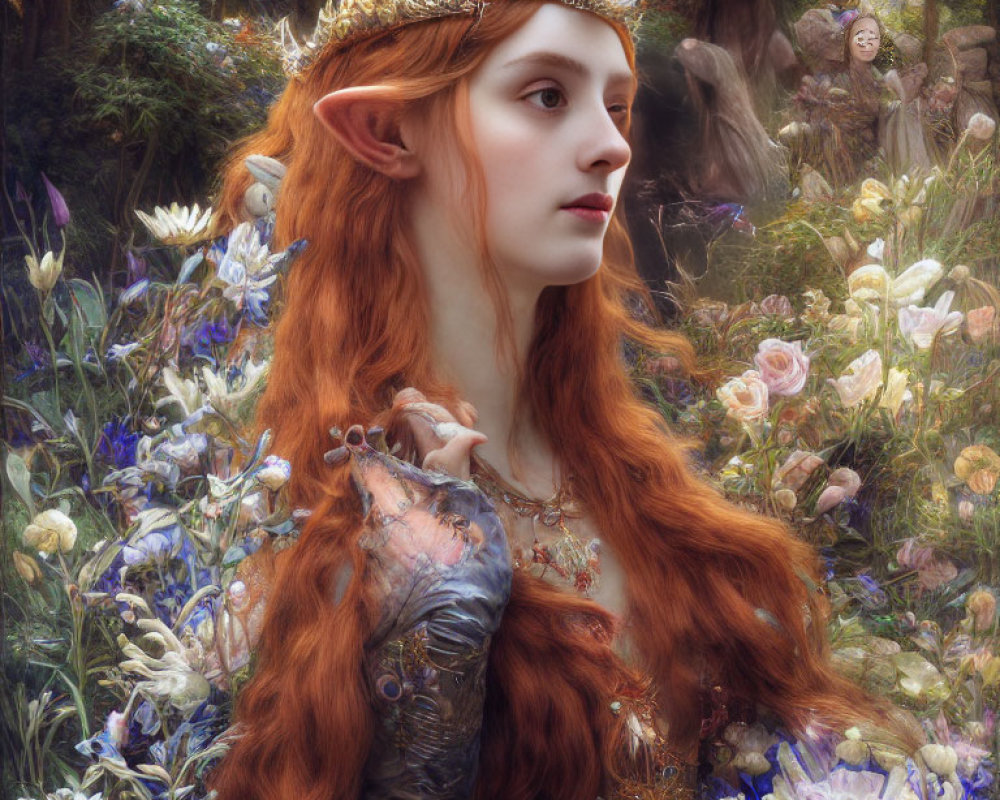 Red-haired elfin woman in golden crown and forest setting with faint figure.