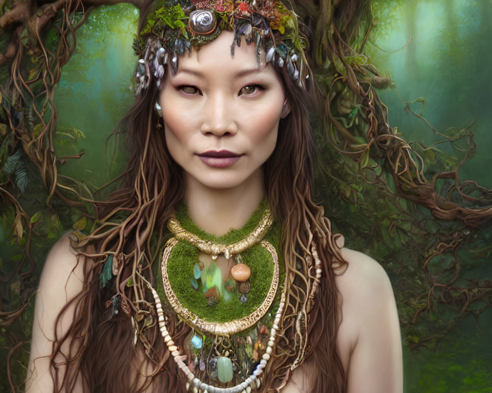 Woman with forest-themed look wearing twig crown and intricate jewelry in mystical forest setting