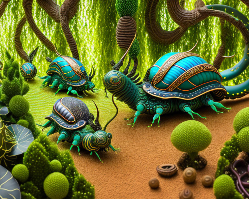 Colorful surreal landscape with green creatures and plant-like structures