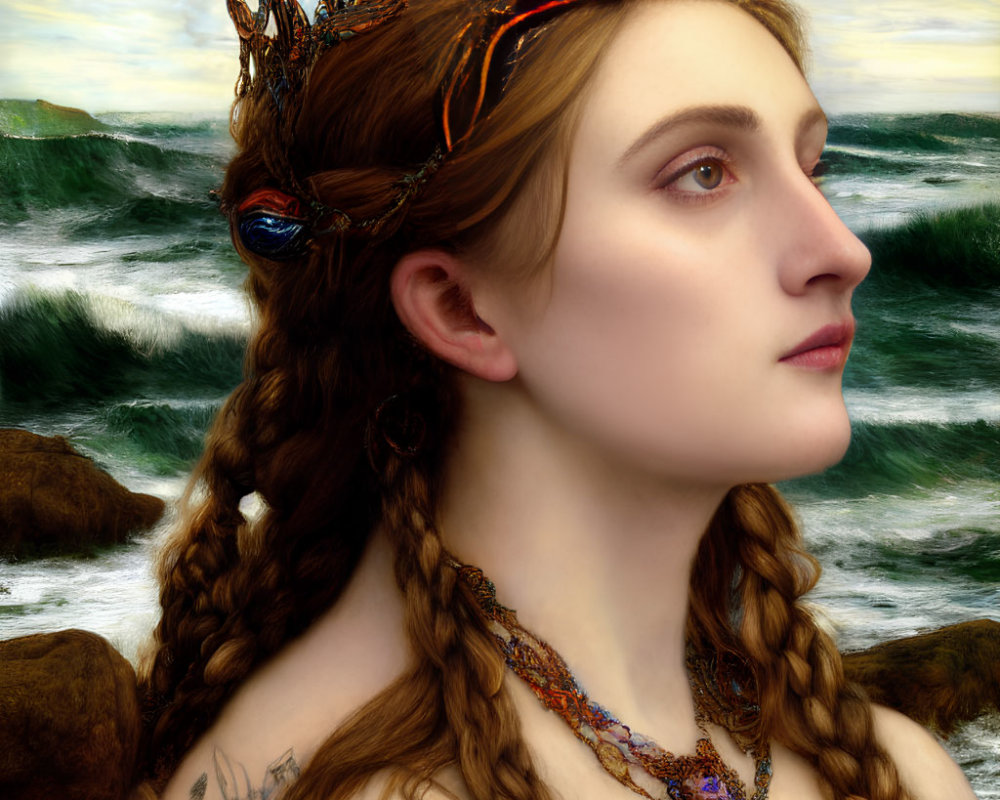 Portrait of woman with braided hair and crown against ocean waves