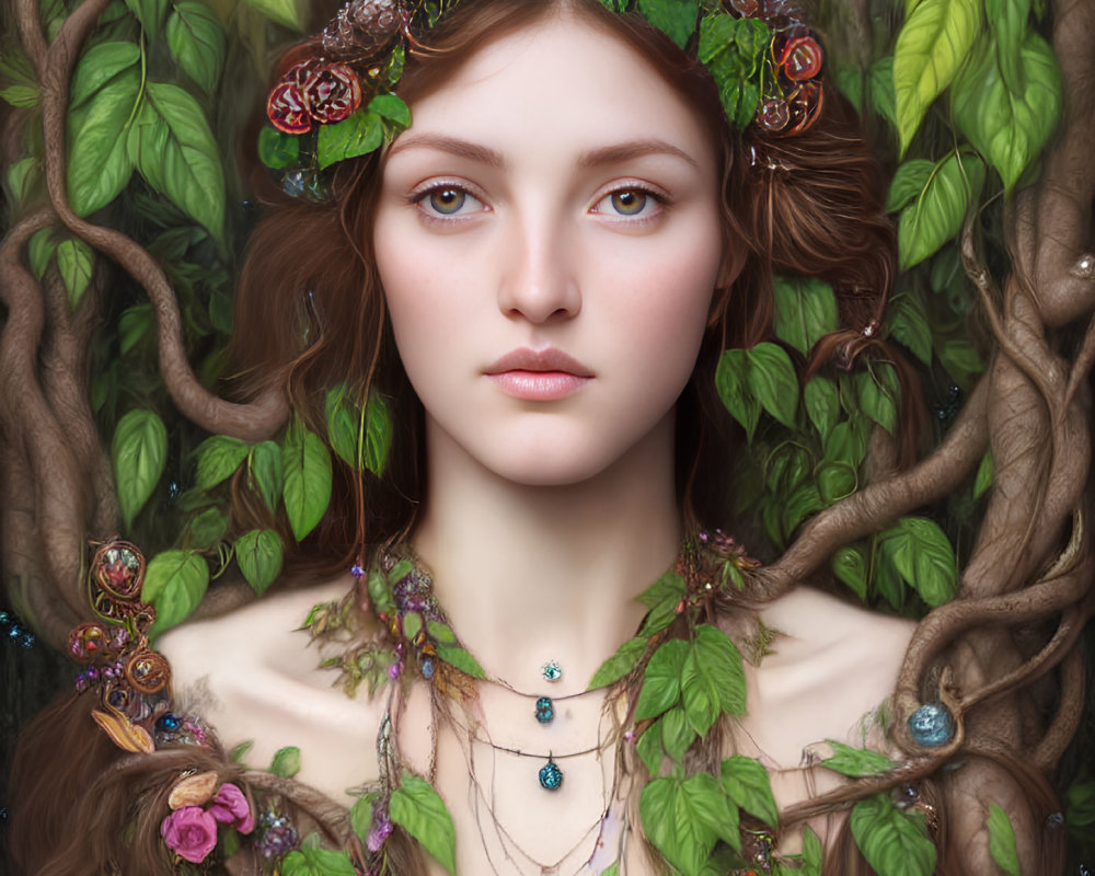 Portrait of Woman with Floral Crown and Gemstone Jewelry in Nature Theme