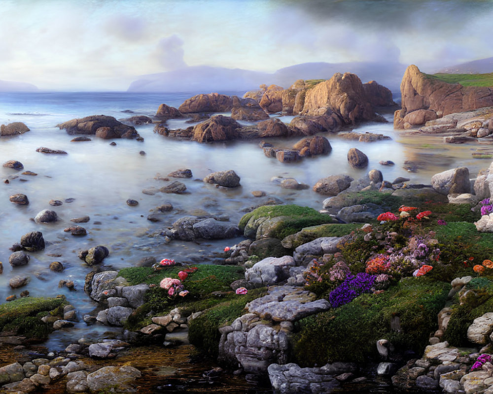 Misty rocky shoreline with flower-covered foreground and distant cliffs