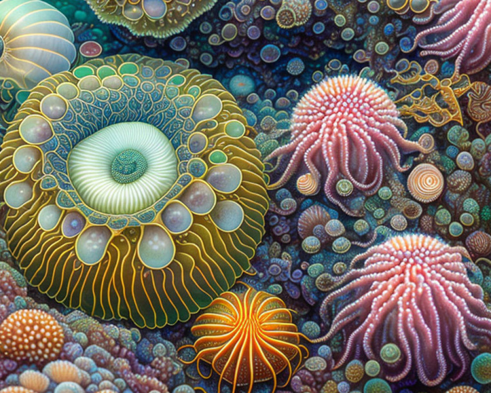 Detailed Marine Life Illustration with Colorful Coral and Anemones