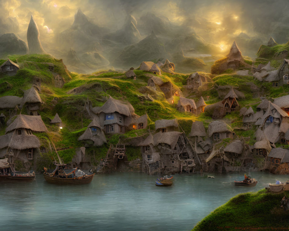 Tranquil fantasy village nestled in green hills at sunset