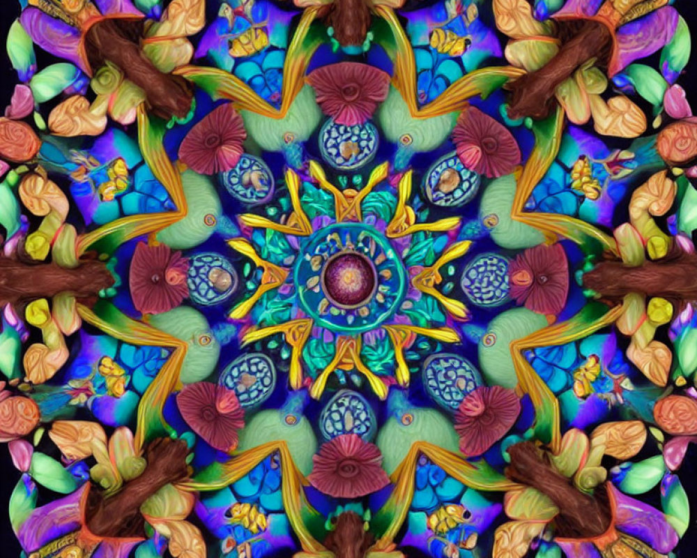 Vibrant Blue, Purple, Green, and Orange Mandala with Symmetrical Floral Patterns