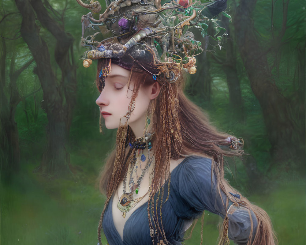 Woman in intricate headdress against misty forest backdrop exudes mythical aura