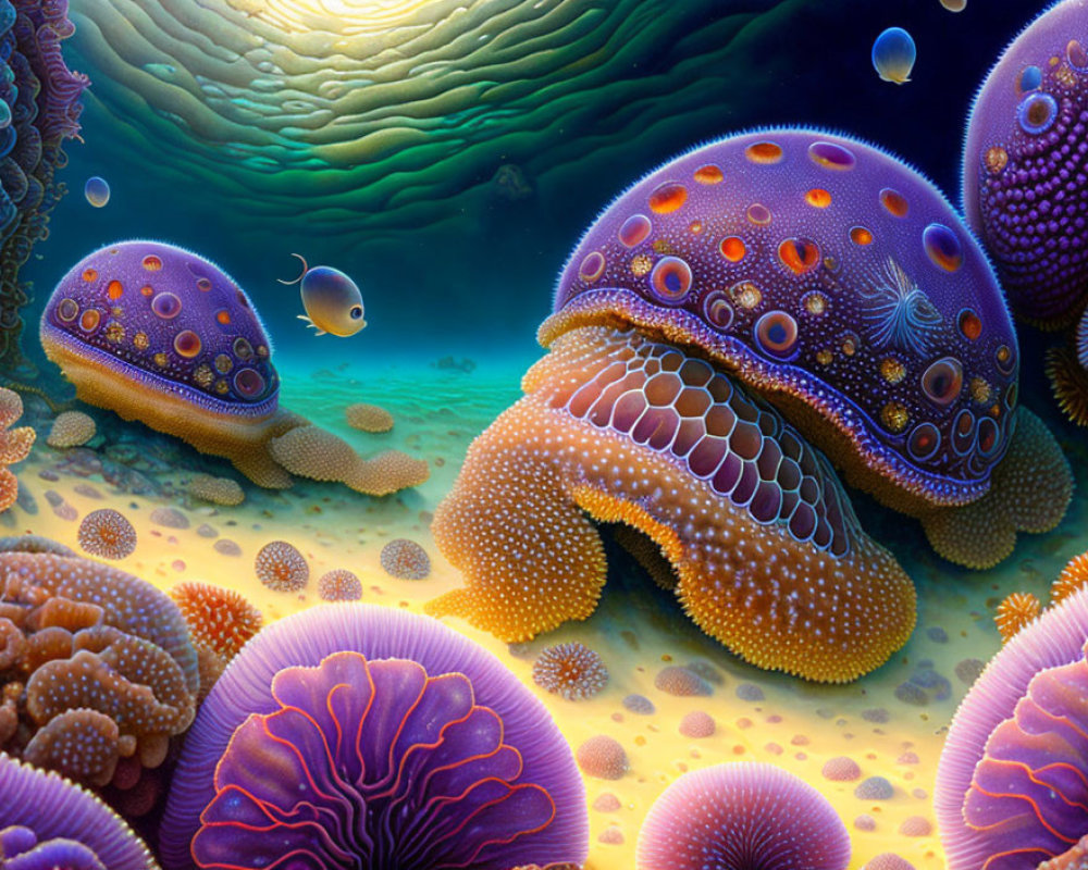 Vibrant Underwater Scene with Patterned Turtle-like Creatures