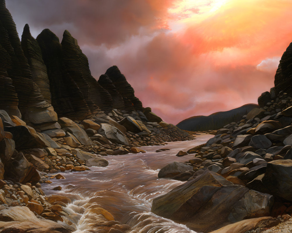 Colorful sunset over river with layered rock formations