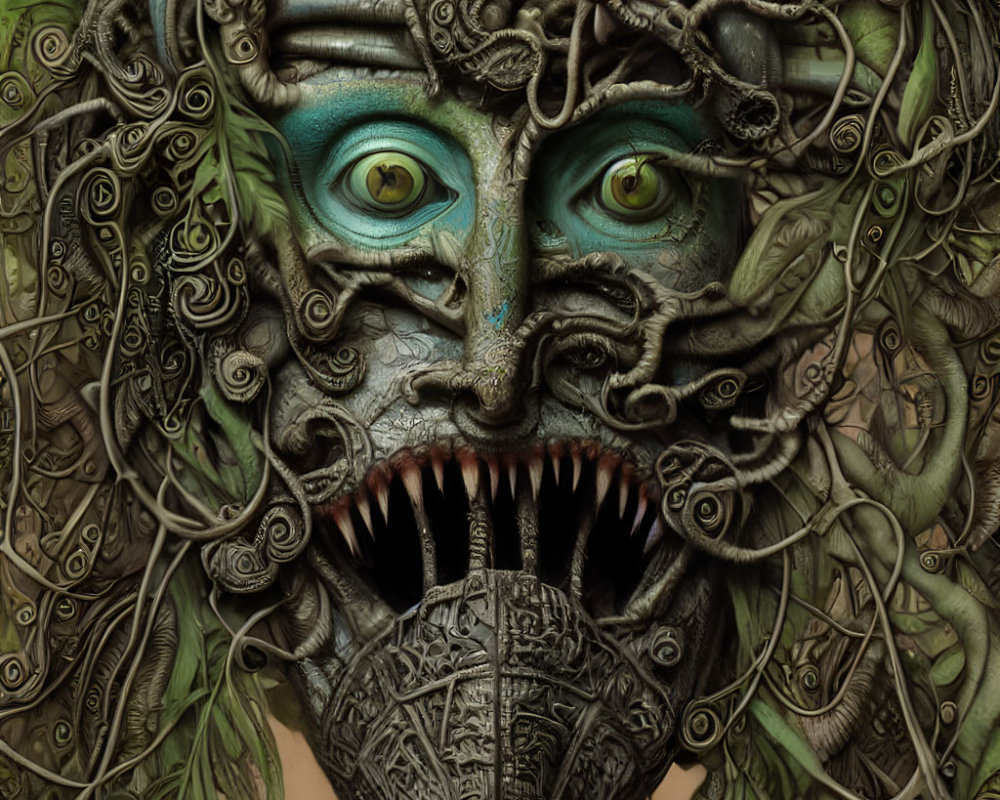 Detailed fantasy creature with green eyes, serpentine hair, and metallic jaw.