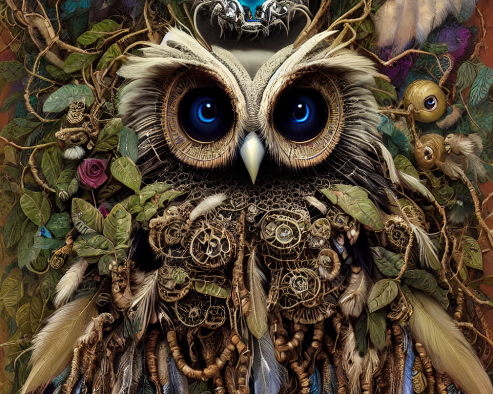 Steampunk-inspired owl with blue eyes and intricate gears, feathers, and foliage