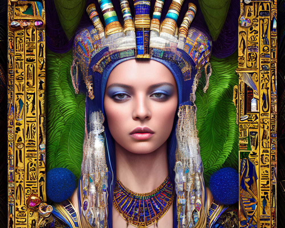 Digital Artwork: Individual with Egyptian Headdress and Hieroglyphic Designs