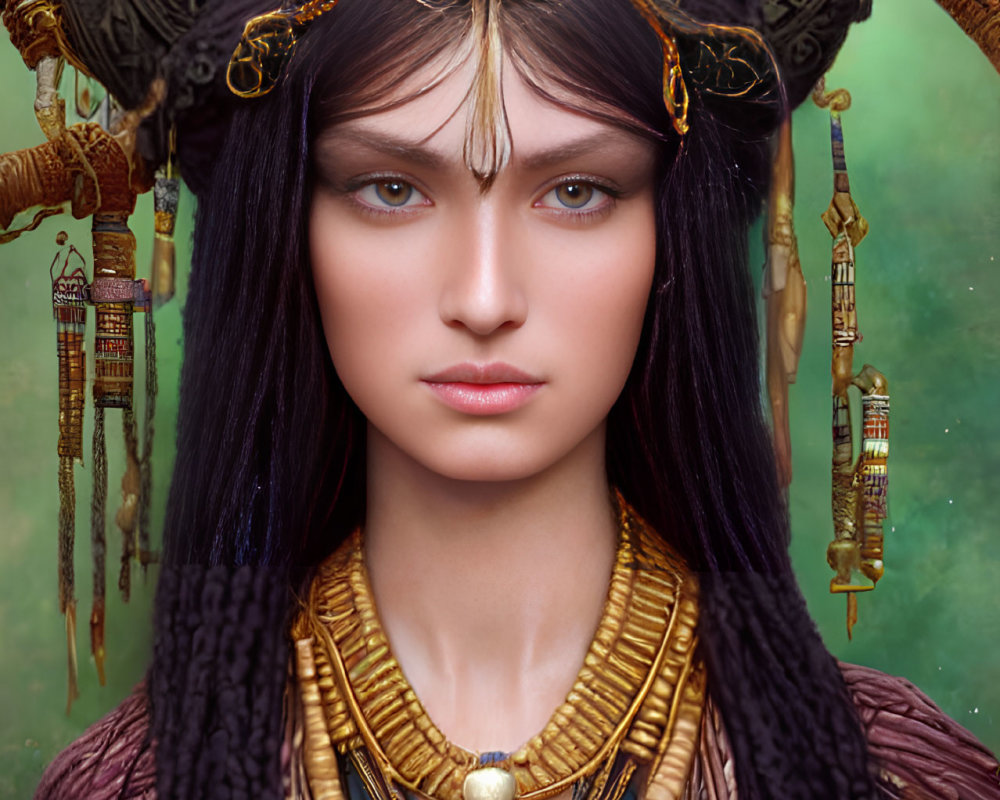 Dark-Haired Woman in Elaborate Headpiece and Necklaces on Green Background