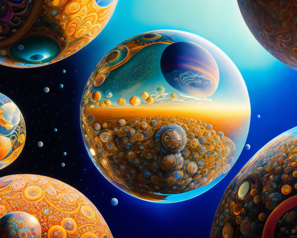 Colorful cosmic spheres floating in space with a sunlit planet backdrop