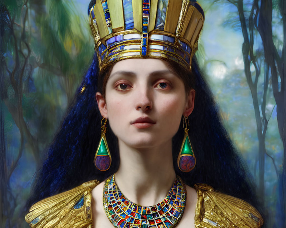 Woman portrait styled as Egyptian pharaoh with gold and lapis lazuli crown in forest setting