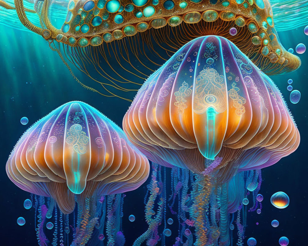 Ethereal jellyfish with bioluminescent patterns in deep blue sea